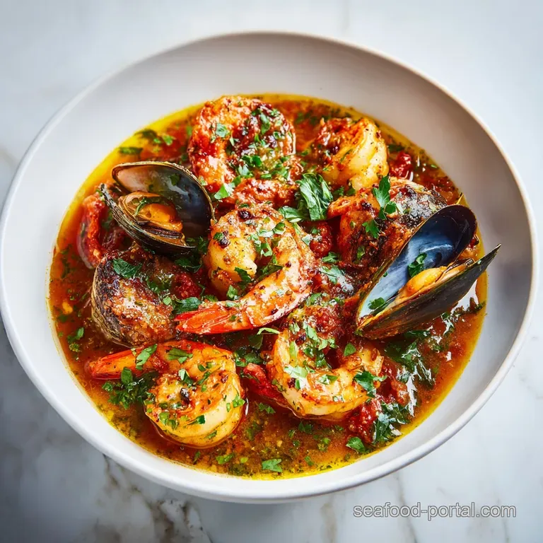 A steaming bowl of spicy seafood fra diavolo, showcasing plump shrimp and mussels in rich, glossy red sauce.