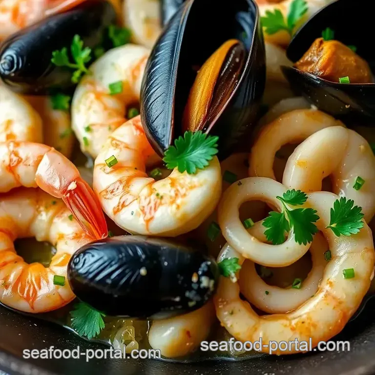 Seafood Medley with Garlic and White Wine Sauce presentation