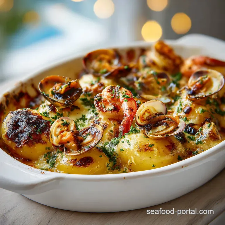 A perfectly plated seafood stuffed potato, skin glistening, showcasing the rich, creamy filling and vibrant green garnish.