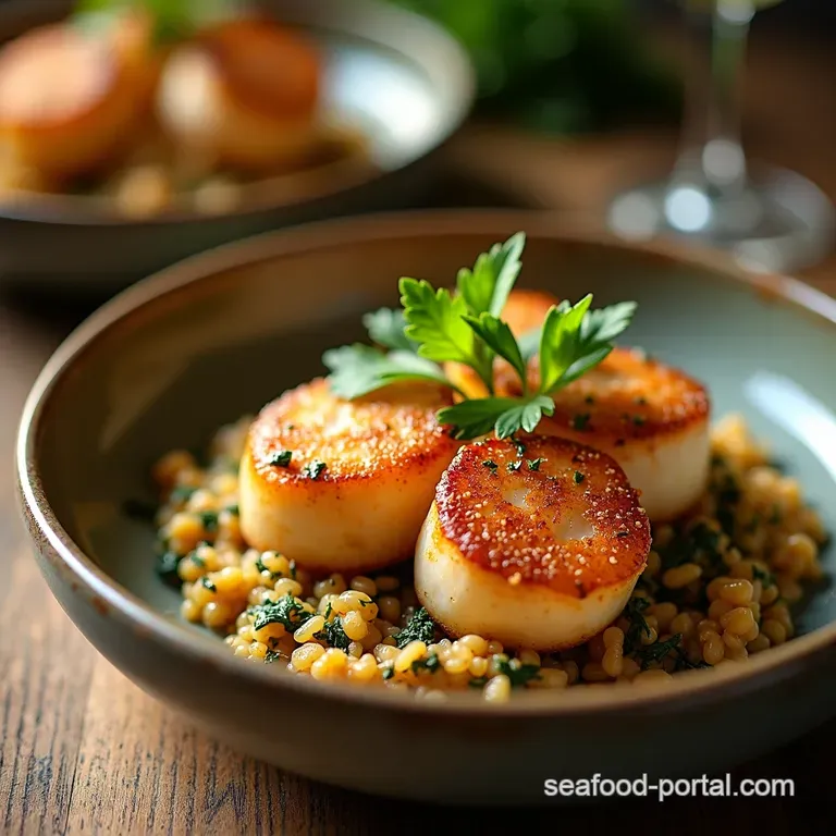 Seared Scallops with Seaweed Butter Crispy Quinoa presentation