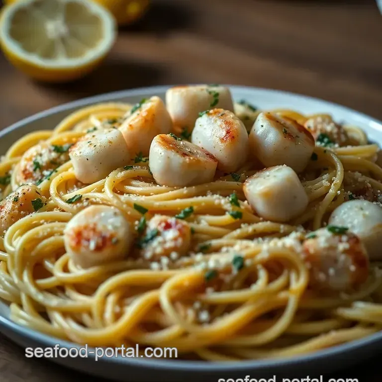 Seared Sea Scallops with Garlic Lemon Pasta presentation