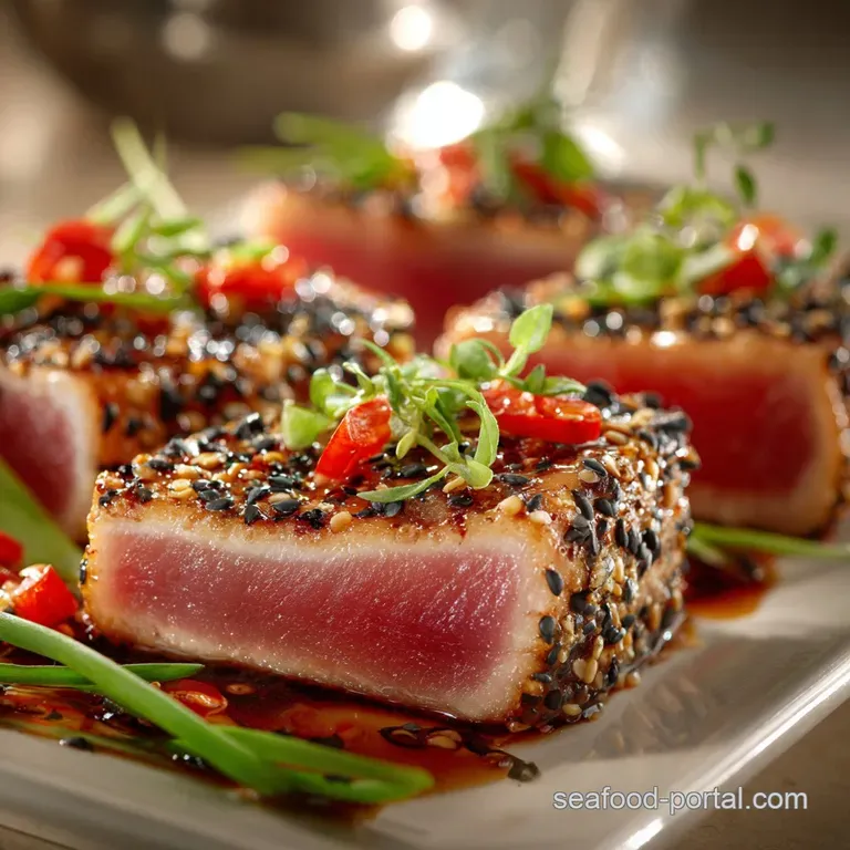 Tuna Steak Recipes: Pan Seared Sesame Ahi with Ginger-Soy Glaze presentation