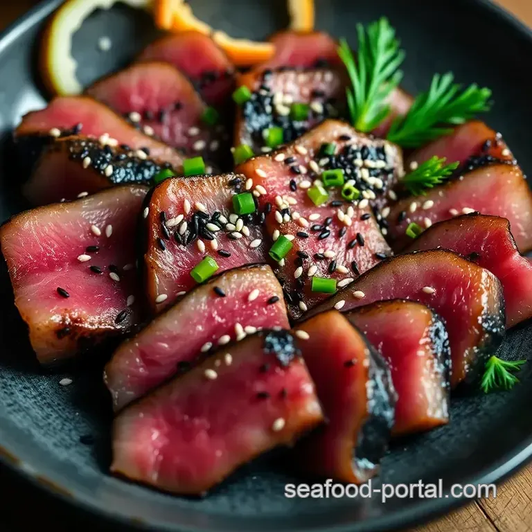 Seared Tuna Tataki with Ginger-Soy Dressing presentation