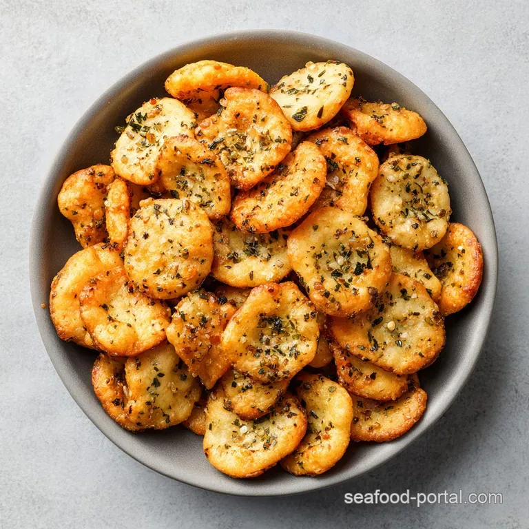 A neat pile of toasted golden crackers served in a white ceramic bowl accented with a sprig of fresh green parsley.