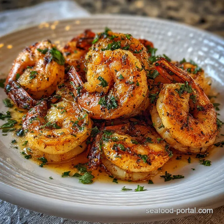 Perfectly seared shrimp arranged on a white plate, brightened with lemon wedges and a sprinkle of fresh herbs, appealing a...