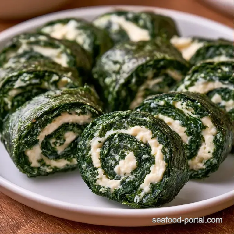 Neatly sliced green seaweed spirals arranged on a minimalist white plate with a sprinkle of toasted sesame seeds.