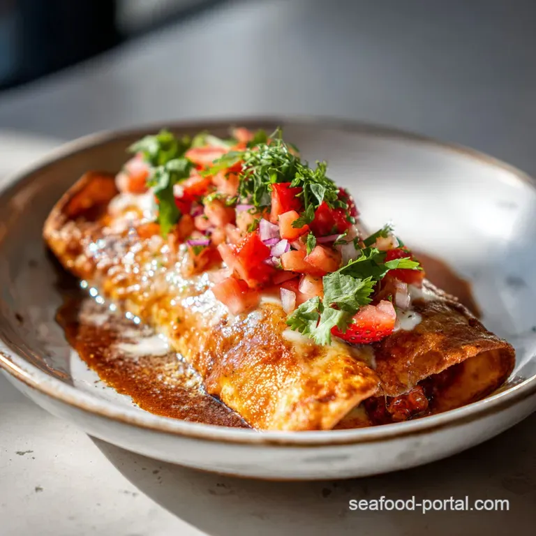 Two seafood enchiladas on a white plate, smothered in creamy sauce, garnished with herbs, showcasing a delicious, refined ...
