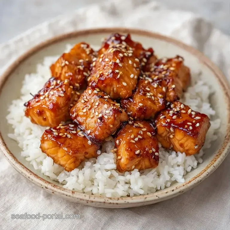 Vibrant ceramic bowl of fluffy white rice topped with seared salmon, bright green scallions, and toasted sesame seeds.