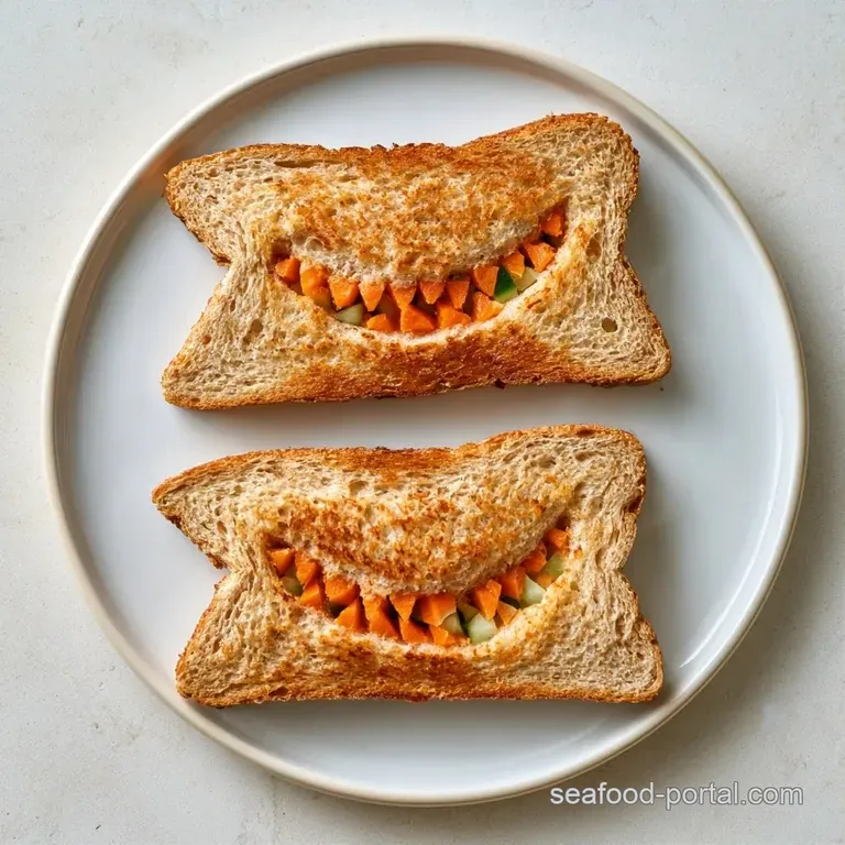 Toasted bread cut into aquatic shapes on a blue plate, garnished with cucumber slices and orange carrot slivers.