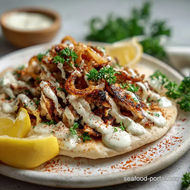Elegant swirl of creamy shawarma sauce drizzled on a plate, next to vibrant red sumac and green parsley. Smooth & flavorful.