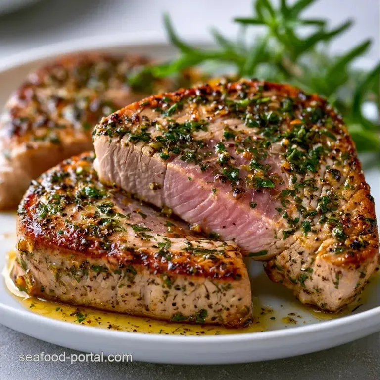 Sliced pink tuna fillet arranged on a modern plate with roasted carrots and a glossy, golden citrus glaze.