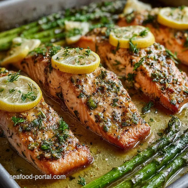 Flaky salmon glistening with lemon-butter sauce served on a white plate with bright green asparagus and a lemon wedge.