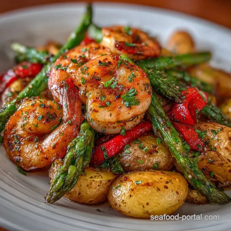 Neatly plated pink shrimp and crispy gold potatoes with a sprig of fresh parsley on a clean, minimalist white plate.
