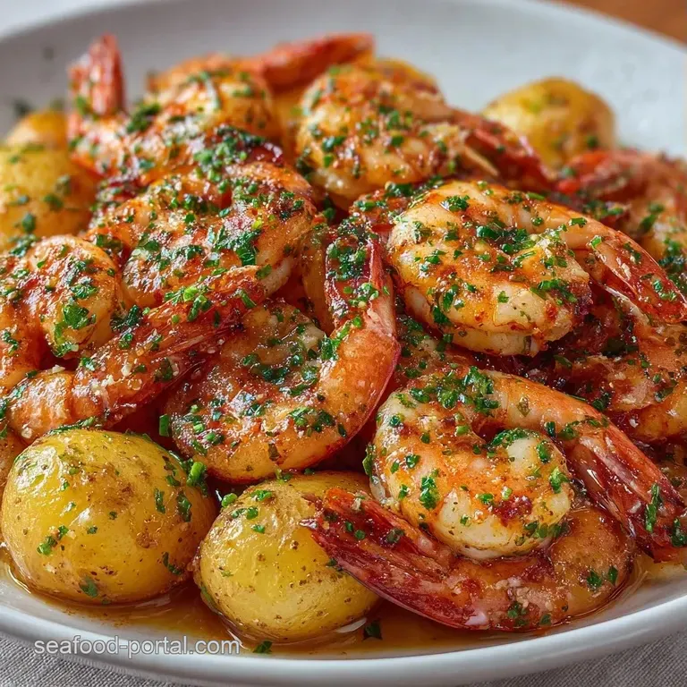 Neatly plated pink shrimp and golden potato cubes on a white plate, garnished with fresh herbs and lemon wedges.