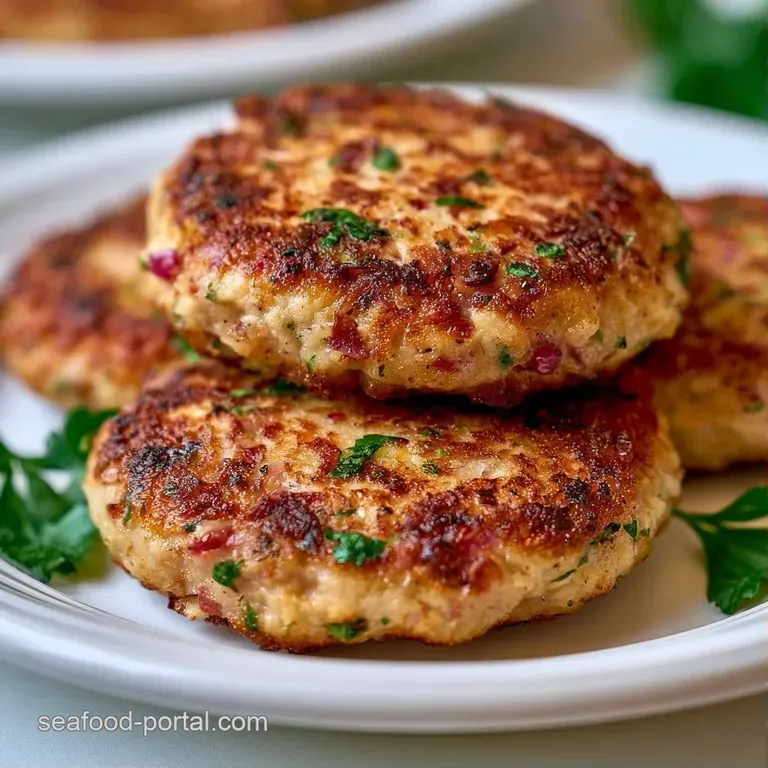 Three crispy golden patties stacked on a white plate with a dollop of creamy sauce and a sprig of fresh greenery.