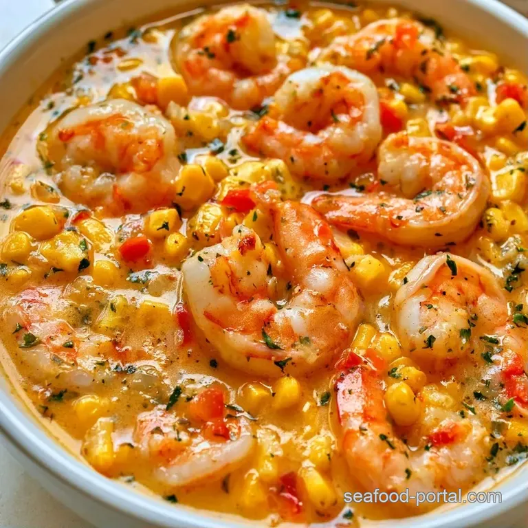 A white porcelain bowl filled with vibrant yellow corn soup, topped with seared shrimp and a swirl of fresh cream.