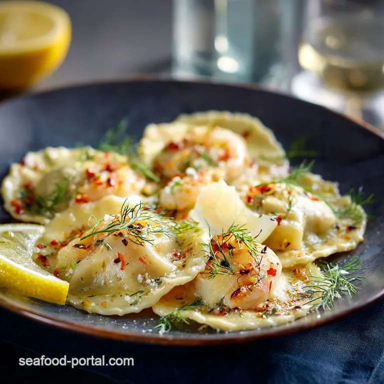 Shrimp and Crab Ravioli: Coastal Elegance with Lemon-Dill Brown Butter Sauce presentation