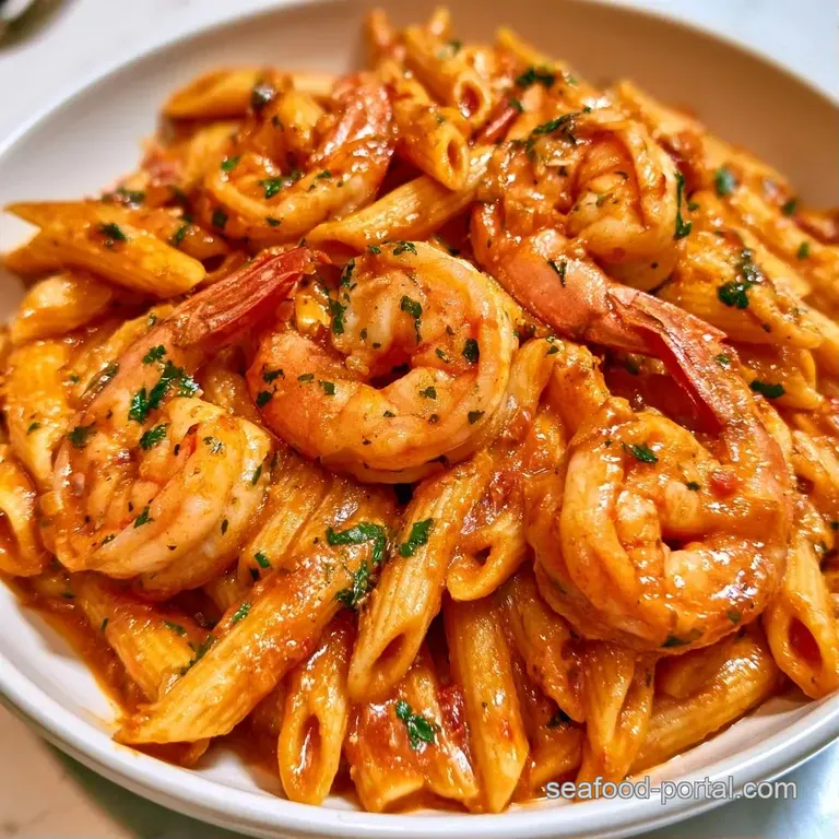 Swirled pasta topped with seared shrimp in a rich red sauce, garnished with fresh basil on a white ceramic plate.