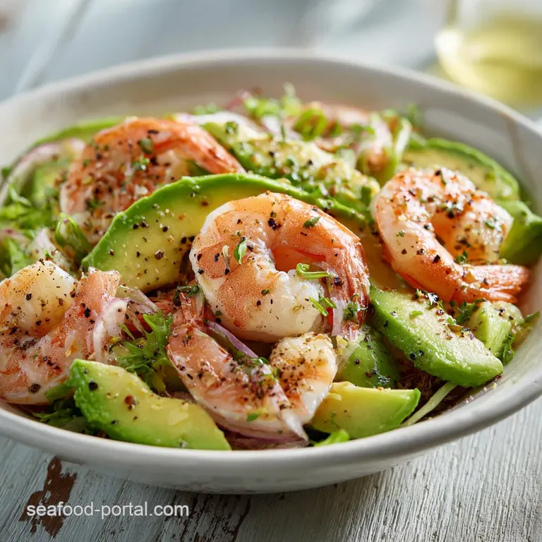Neatly plated shrimp avocado salad with bright orange roe garnish, showcasing creamy textures and contrasting colors on a ...