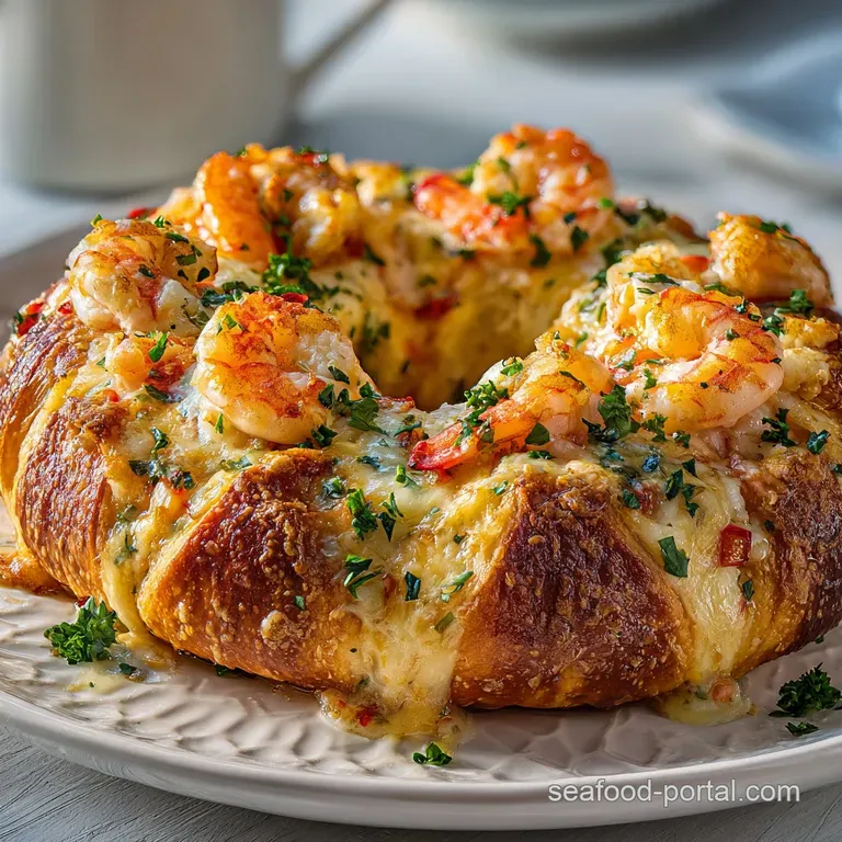 Slice of creamy seafood filling surrounded by golden, flaky crescent dough on a white plate with a sprig of parsley.