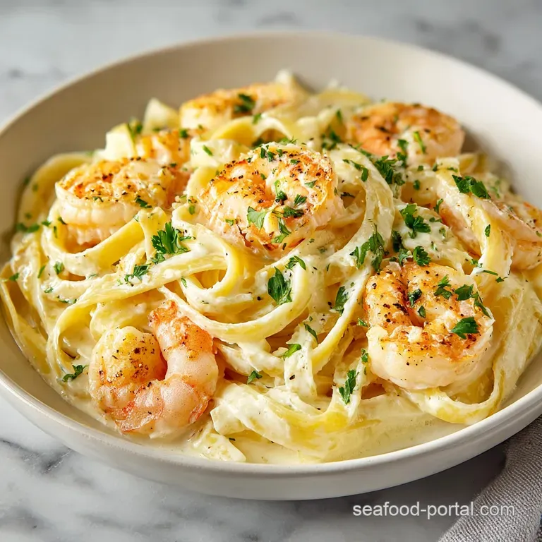 Elegant plate of fettuccine Alfredo with juicy shrimp, rich, creamy sauce, and fresh parsley sprig.