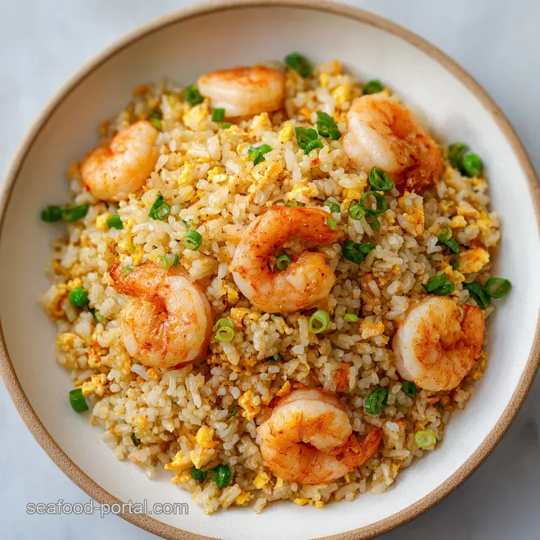 Elegant plating of shrimp fried rice. Steaming rice and pink shrimp artfully arranged on a crisp, white plate with green o...