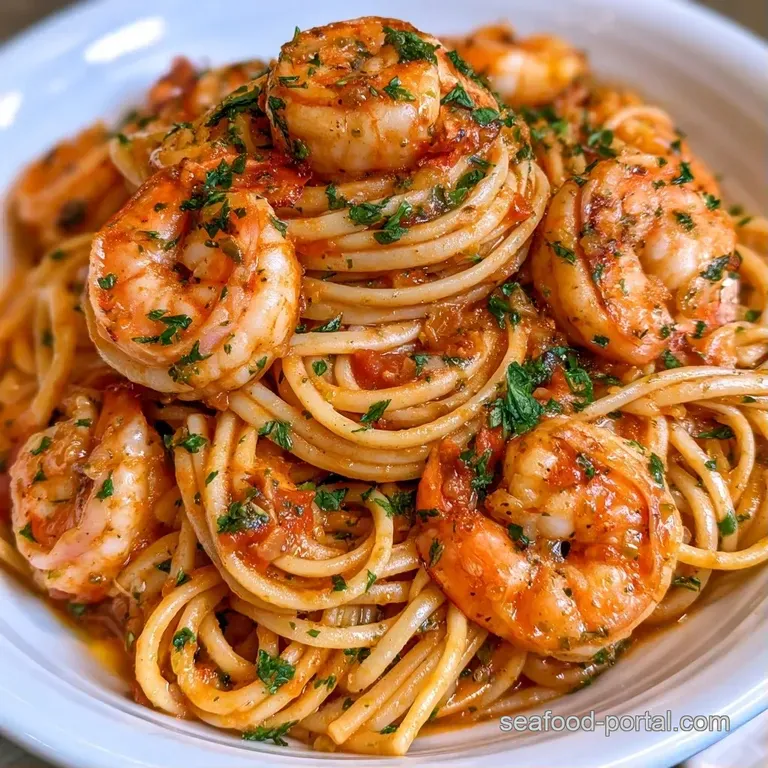 Twirled pasta nests topped with seared shrimp and a sprinkle of fresh parsley on a matte white ceramic plate.
