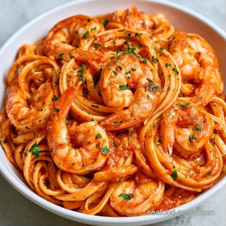 Succulent shrimp simmered in a vibrant red tomato sauce, garnished with herbs and served in a sleek ceramic dish.