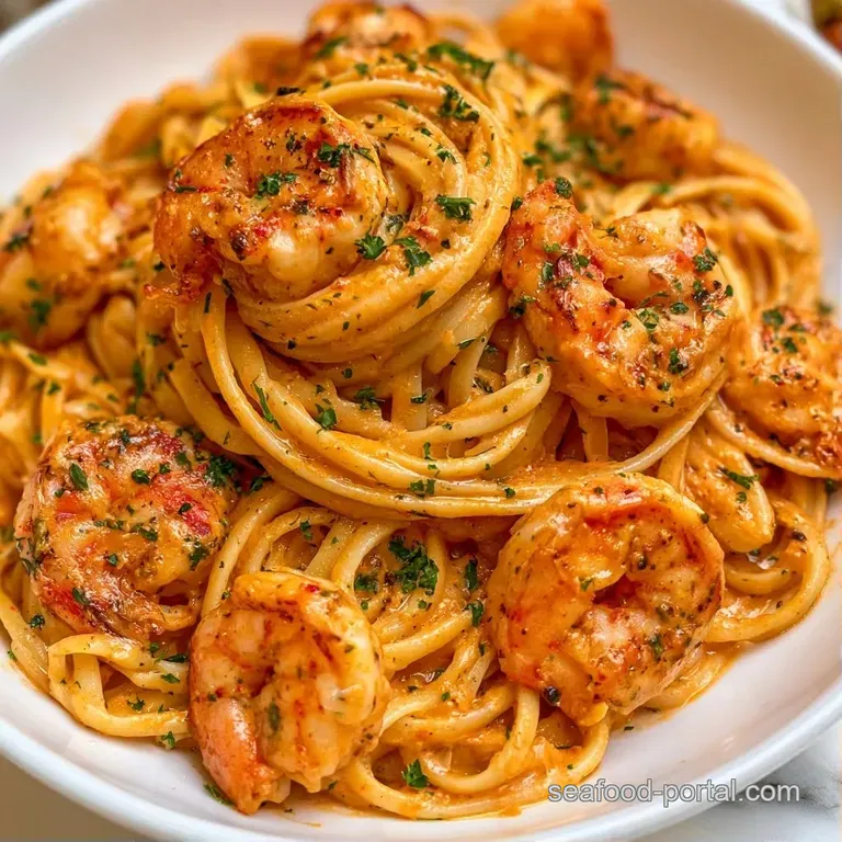 Elegant swirl of pasta in a creamy orange sauce, topped with seared shrimp and a dusting of white parmesan cheese.