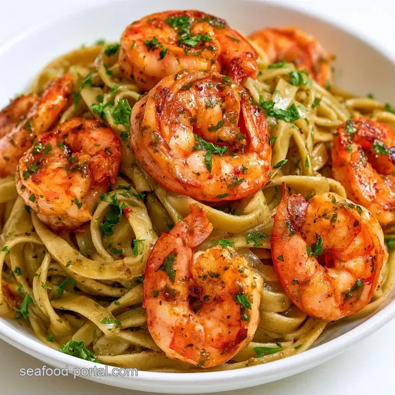 Elegant white plate featuring swirled green pasta topped with seared shrimp and thin shavings of white parmesan.