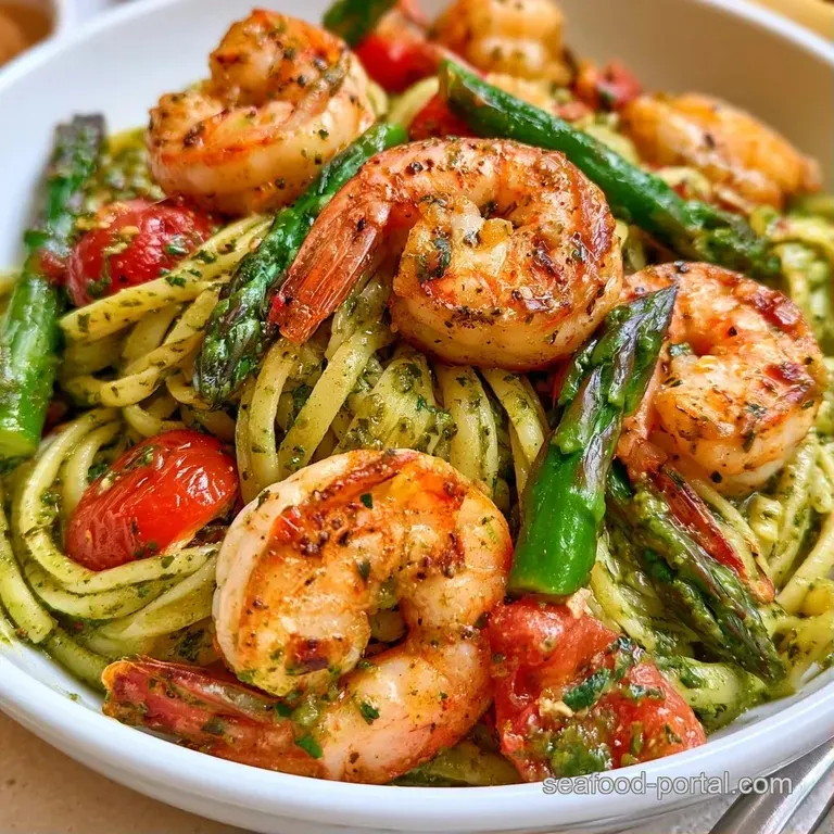 A shallow white bowl of swirled pasta topped with seared pink shrimp and bright vegetables, dusted with parmesan.