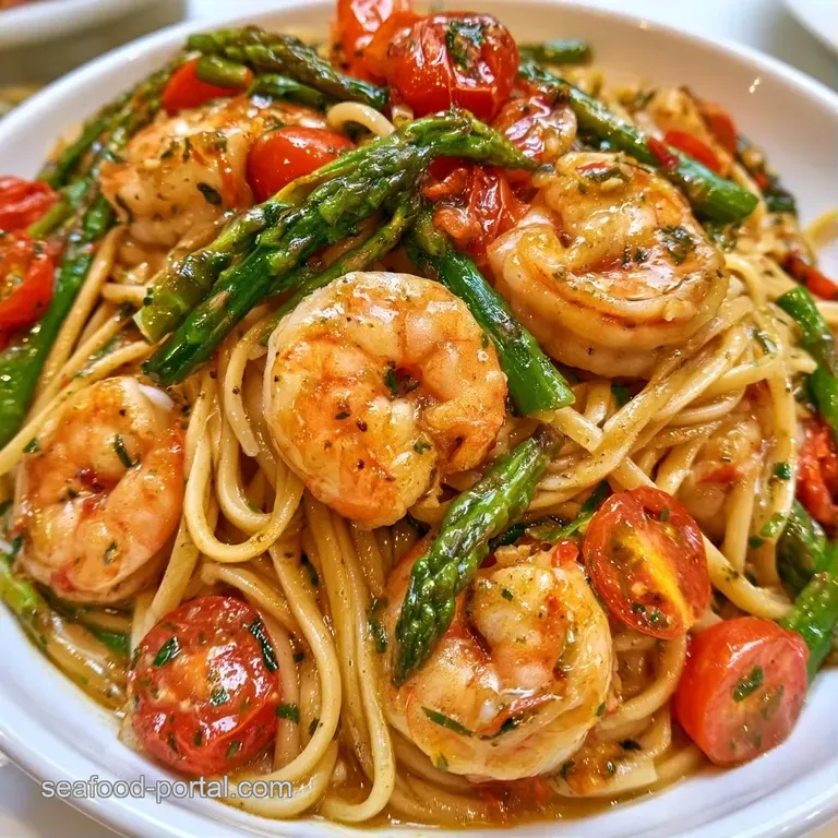 Elegant white plate holding twirled buttery noodles with seared pink shrimp and vibrant green garden vegetables.