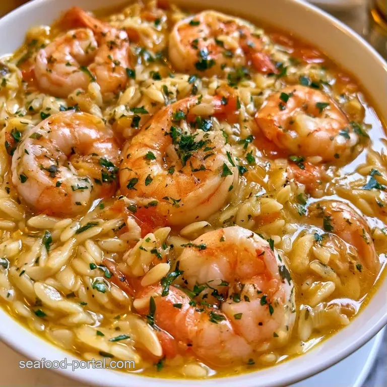 Elegant white bowl filled with steaming golden broth, plump shrimp, and tiny pasta, set against a neutral backdrop.