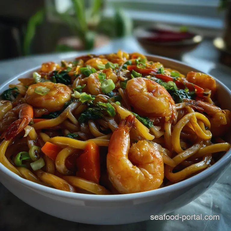 10-Minute Yaki Udon with Shrimp Stir Fry presentation