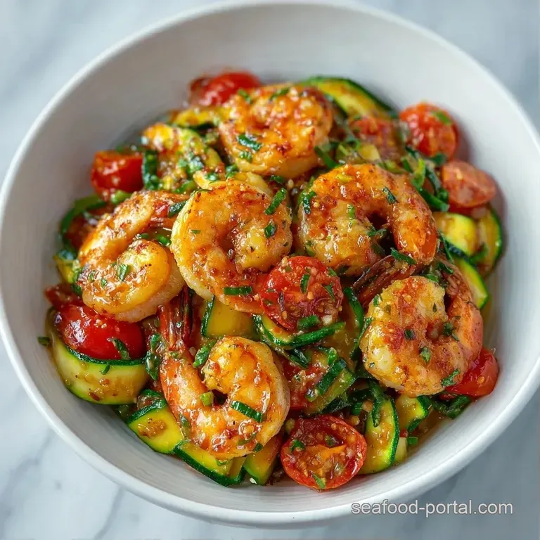 Neatly arranged pink shrimp and vibrant zucchini ribbons on a white ceramic plate, garnished with a lemon wedge.