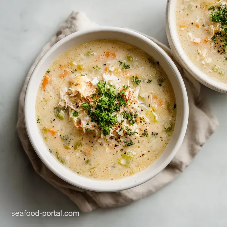 Elegant bowl of rich, creamy soup garnished with bright green herbs and a delicate crab garnish. Sophisticated seafood ind...