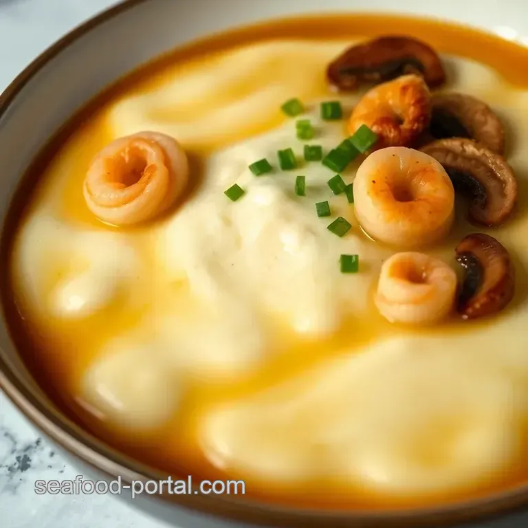 Silky Steamed Egg Tofu with Scallops and Maitake Mushrooms presentation