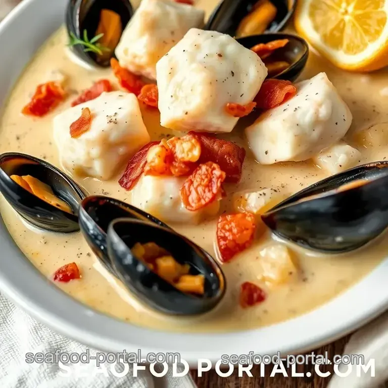 Creamy Bacon Cod & amp Mussels Chowder presentation