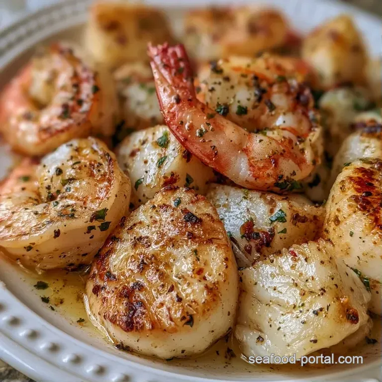 A white ceramic platter holding charred shrimp and scallops, accented by bright yellow lemon and fresh herb sprigs.