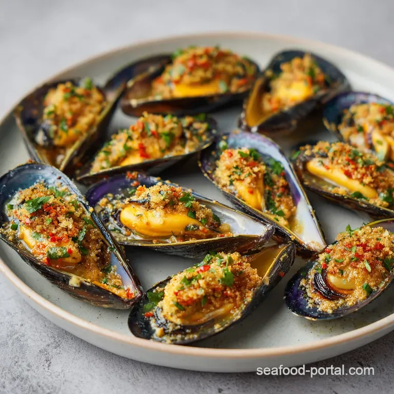 Plated baked mussels, their golden tops speckled with breadcrumbs and herbs, accented by a bright lemon wedge on white dis...