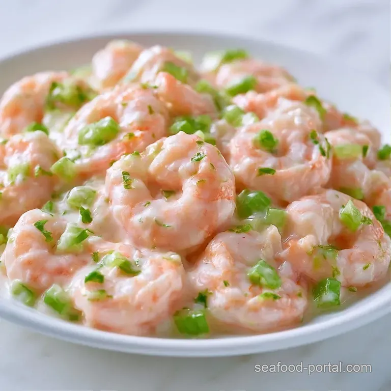 A refined bowl of creamy shrimp mixed with crisp celery and red onion, garnished with a lemon wedge on the side.