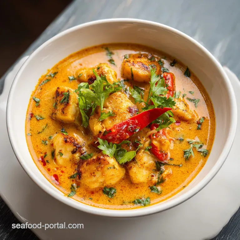 Elegant plate of tender white fish simmered in golden curry sauce, garnished with fresh cilantro and a lime wedge.