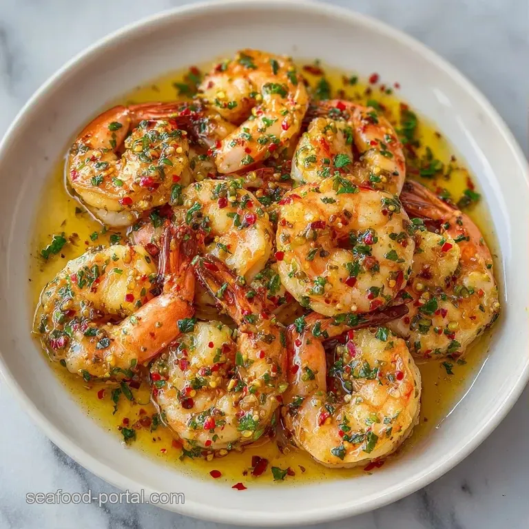 Elegant white plate with plump pink shrimp, bright yellow lemon wedges, and a drizzle of golden garlic butter.