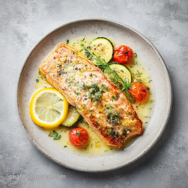 Elegant plate: salmon fillet shimmering with butter sauce rests on potatoes, brightened with herbs. A balanced, tempting d...