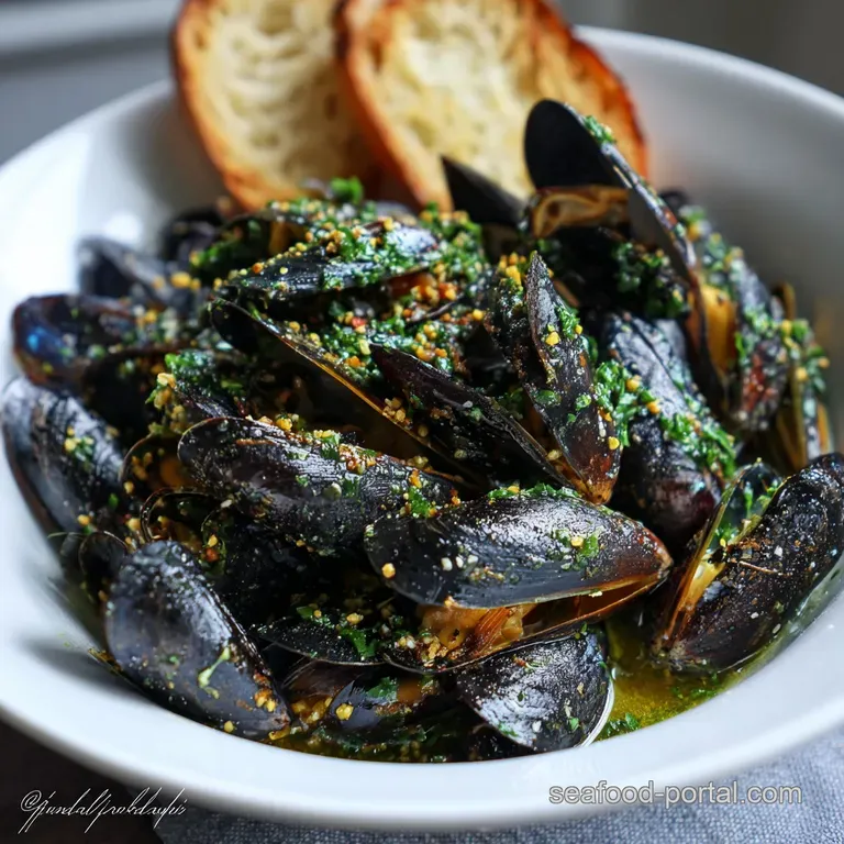 Pile of plump, open mussels in their shells, bathed in a wine broth, served in a deep bowl, ready to enjoy.