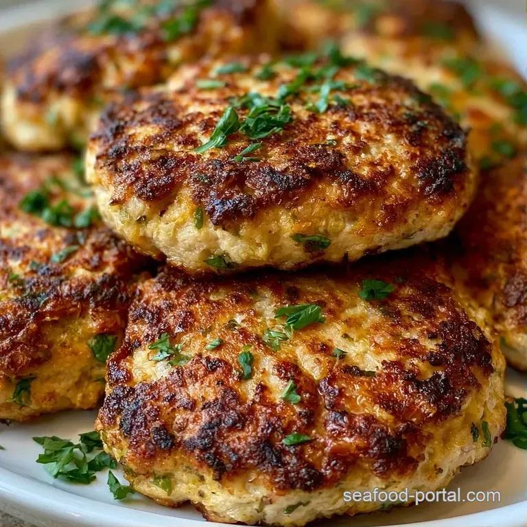 Three seared savory patties stacked neatly on a white plate with a dollop of creamy tartar sauce and sliced radishes.