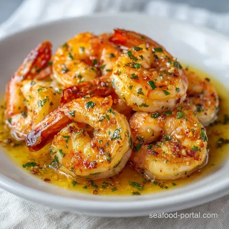 Plump shrimp curled in a lemon butter glaze, served on a white ceramic plate with a fresh lemon wedge on the side.