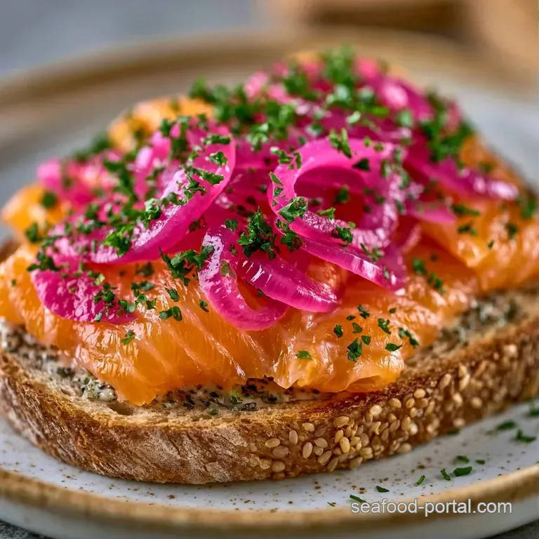 Golden toasted bread topped with folded pink salmon and capers on a white marble plate with a side of fresh lemon.