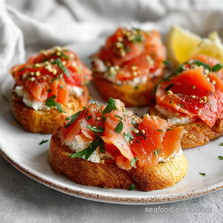 Elegant plate with toasted bruschetta topped with rosy smoked salmon, creamy cheese, and emerald green dill sprigs.