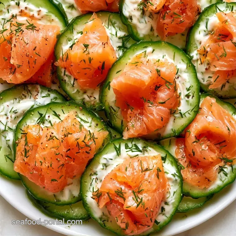 An elegant white platter of bite-sized hors d'oeuvres featuring coral salmon and green herbs in a neat row.